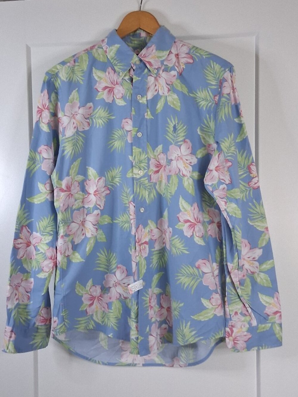 Ralph Lauren Hawaiian Floral Shirt Mens Medium Blue Pink Hibiscus Cotton L/S